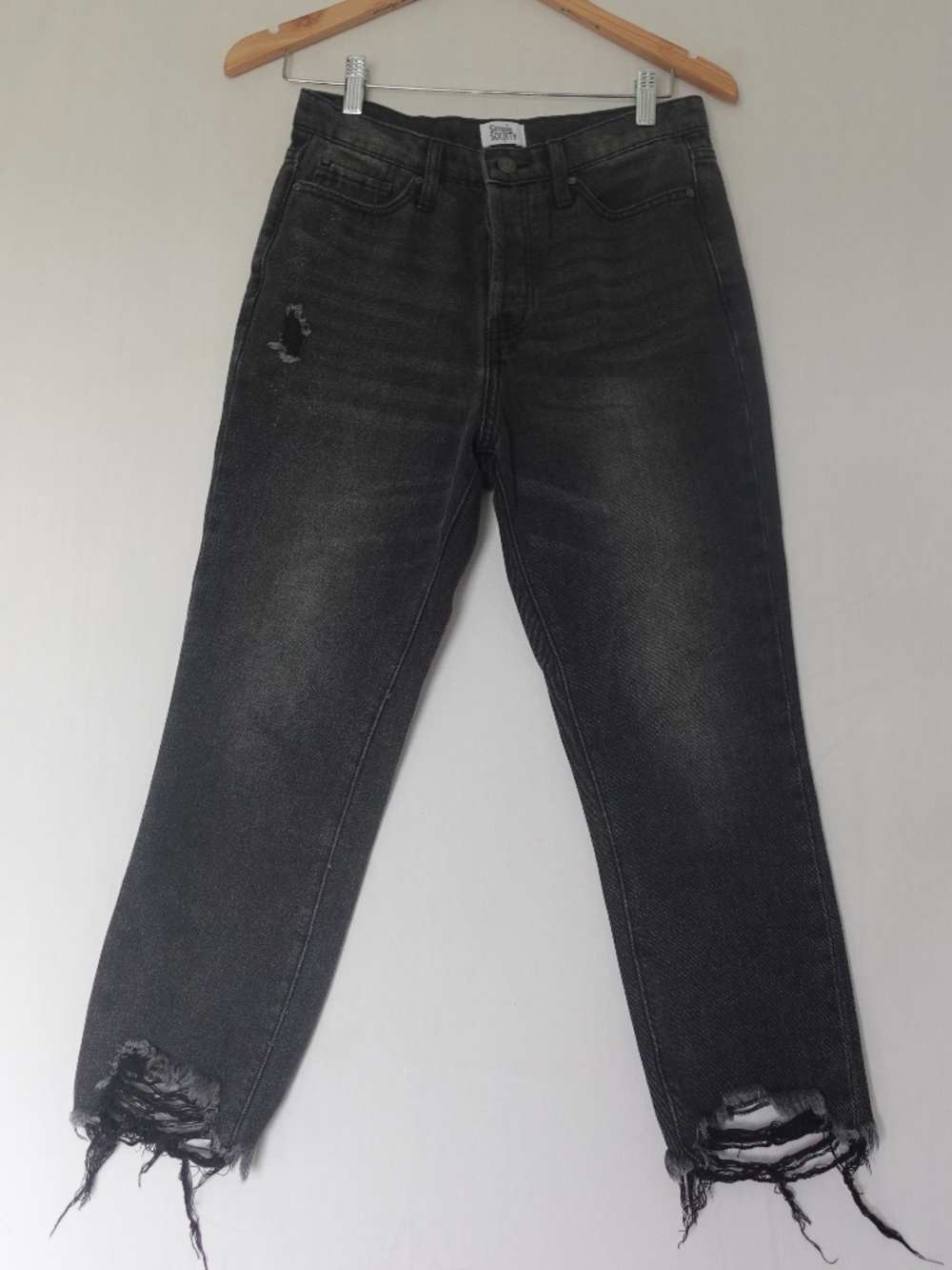 Simple Society Women 7/28 Gray Medium Wash Button Fly Raw Hem Tapered Leg Jeans